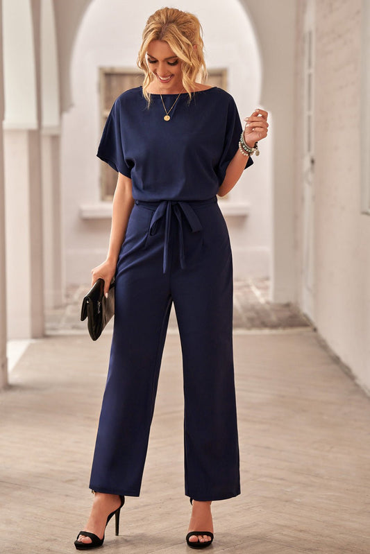 Chic Blue Oh So Glam Belted Wide Leg Jumpsuit Teal Demeter