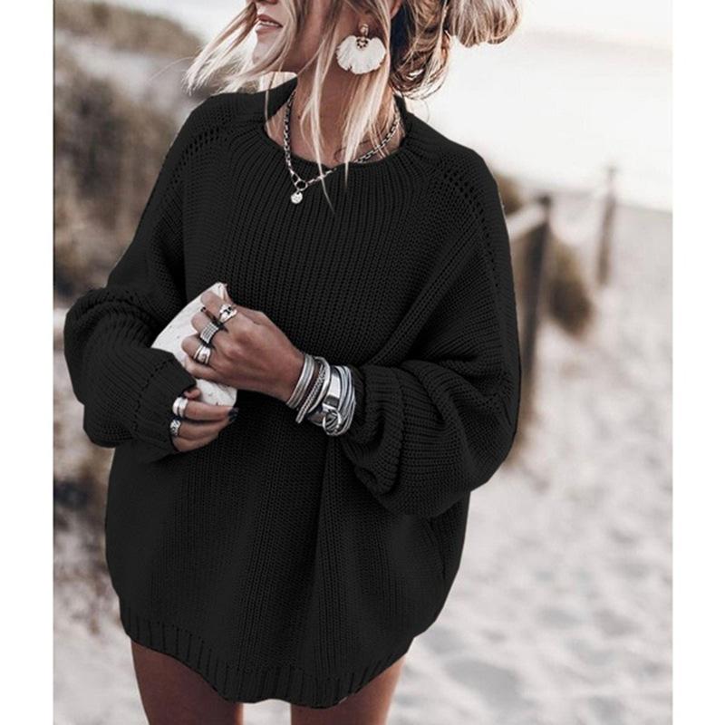 Solid Color Women Long Sleeve Loose Pullover Sweater Silver Sam