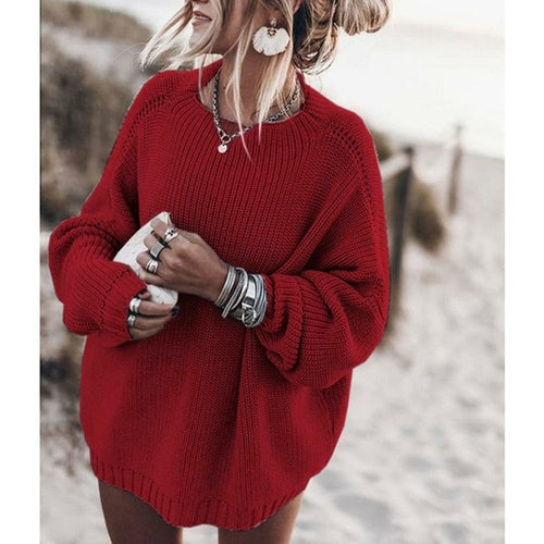 Solid Color Women Long Sleeve Loose Pullover Sweater Silver Sam