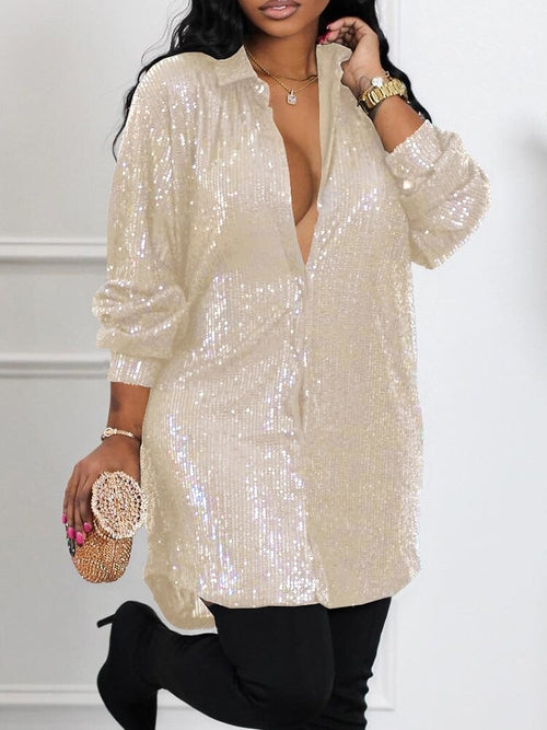 Long Sleeve Allover Sequin Shirt Dress Silver Sam
