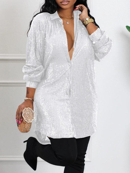Long Sleeve Allover Sequin Shirt Dress Silver Sam