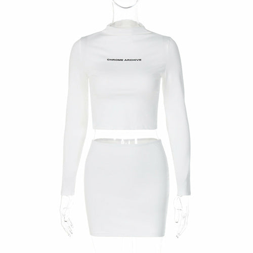 Letter Printing Long-sleeved Top Slim-fit Short Skirt Suit Silver Sam