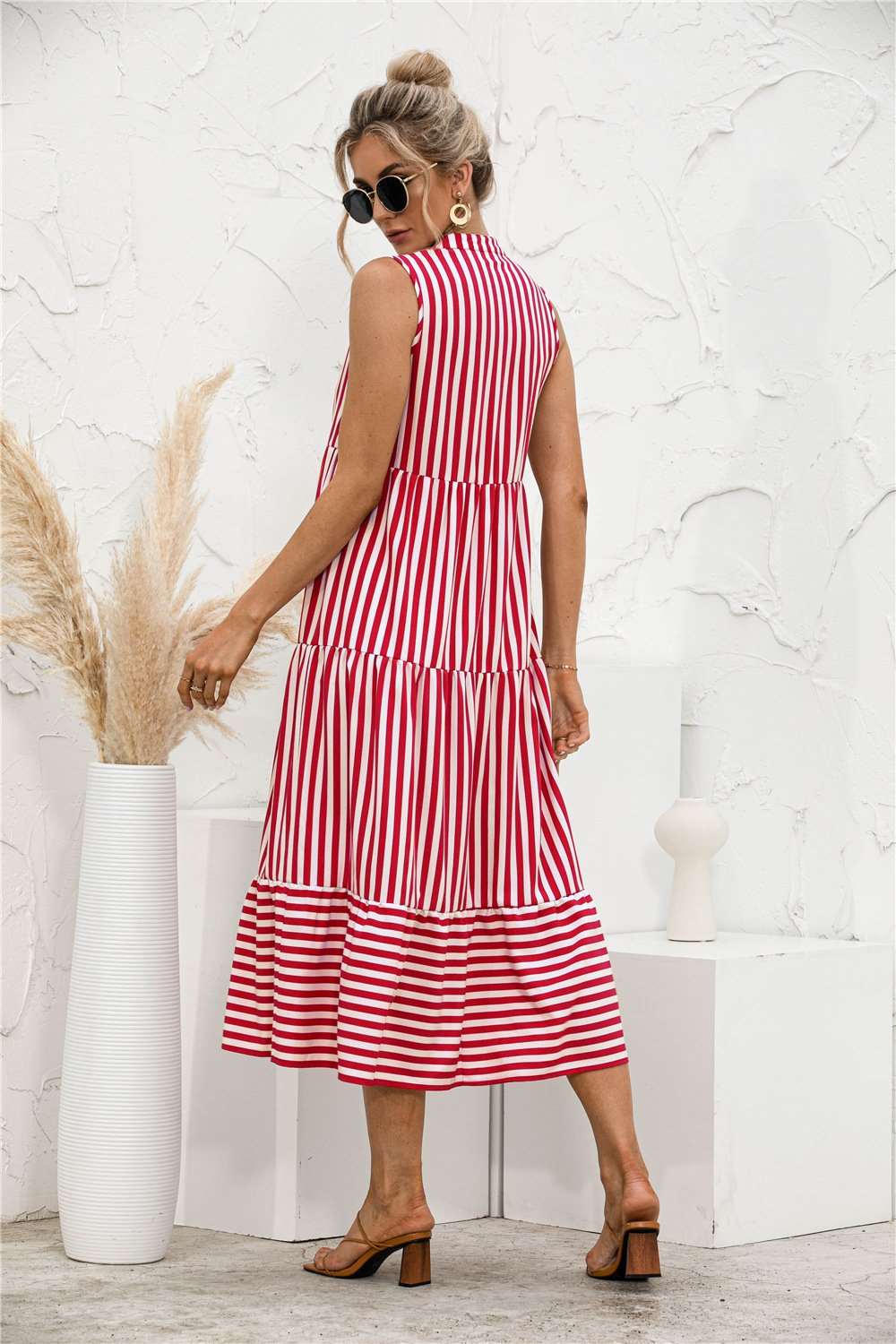 Fashion Casual Striped Patchwork Big Swing Midi Dresses Datolite