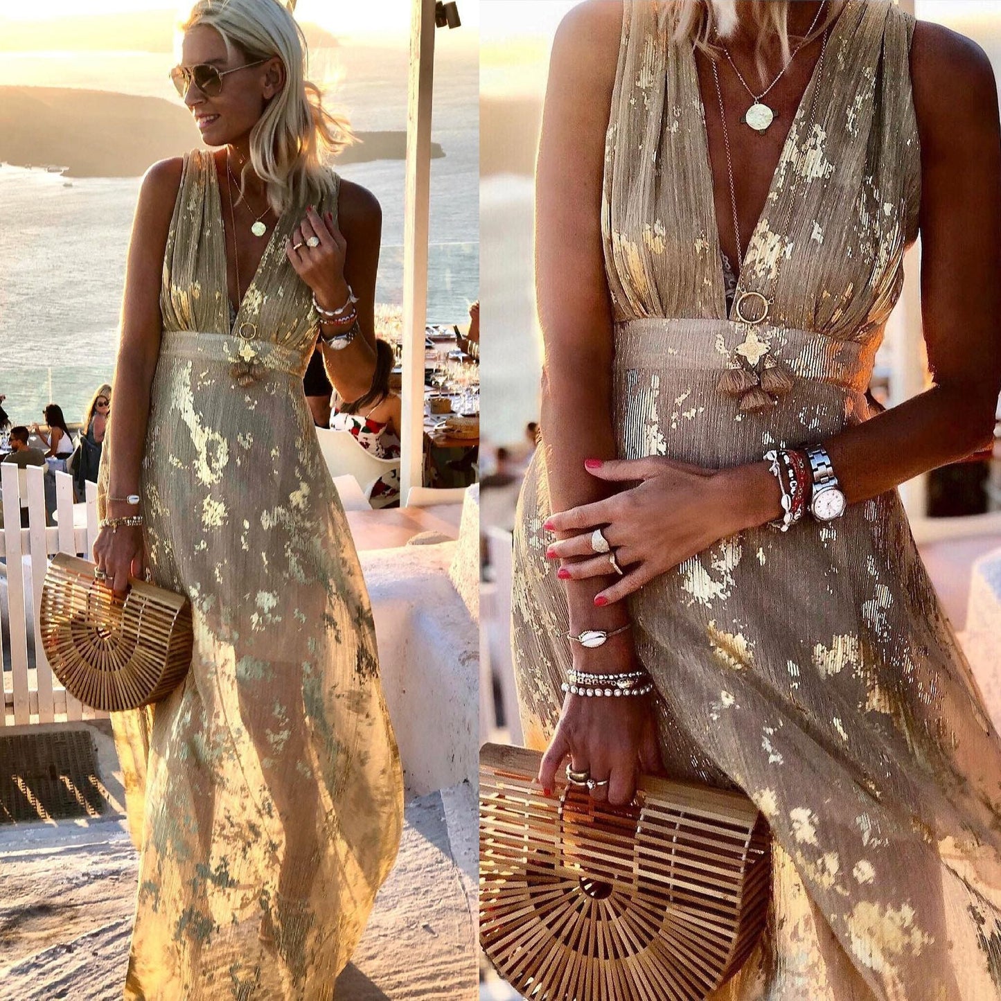 Sexy V-neck Gold Foil Dress with A-line Swing Dress Silver Sam