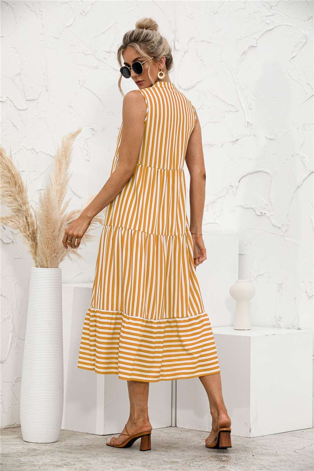Fashion Casual Striped Patchwork Big Swing Midi Dresses Datolite