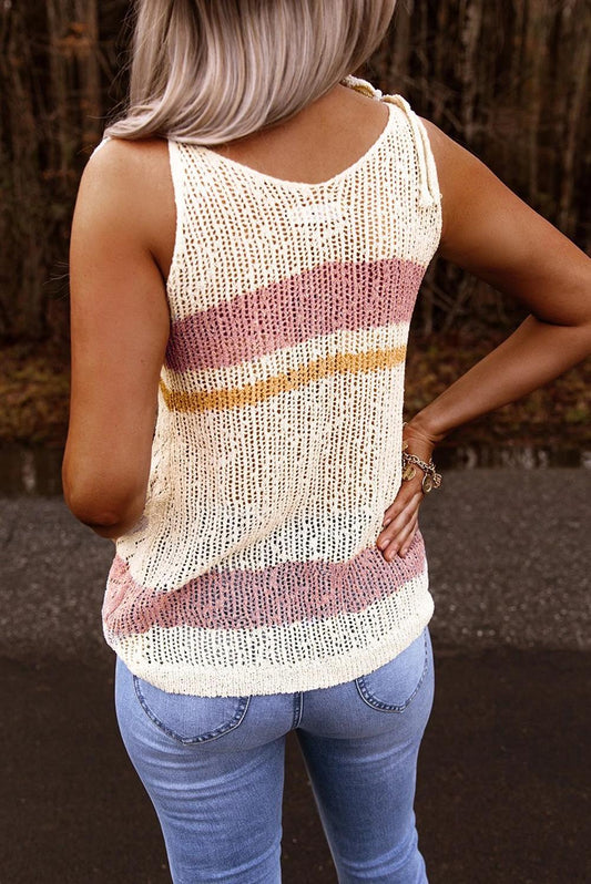 Summer White Striped Colorblock Textured Knit Tank Top