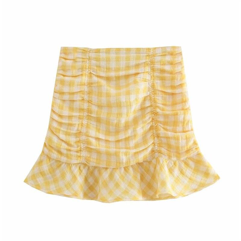 Woman Sweet Yellow Slim Plaid Mini Skirt Suit Magenta Angel