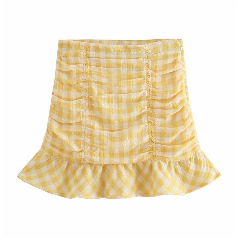 Woman Sweet Yellow Slim Plaid Mini Skirt Suit Magenta Angel