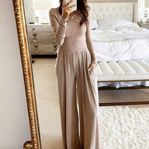 Women Casual Knitted Rib Two-Piece Sets Tops&Long Pants Leisure Suit Magenta Angel