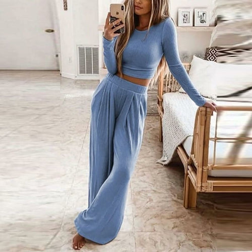 Women Casual Knitted Rib Two-Piece Sets Tops&Long Pants Leisure Suit Magenta Angel