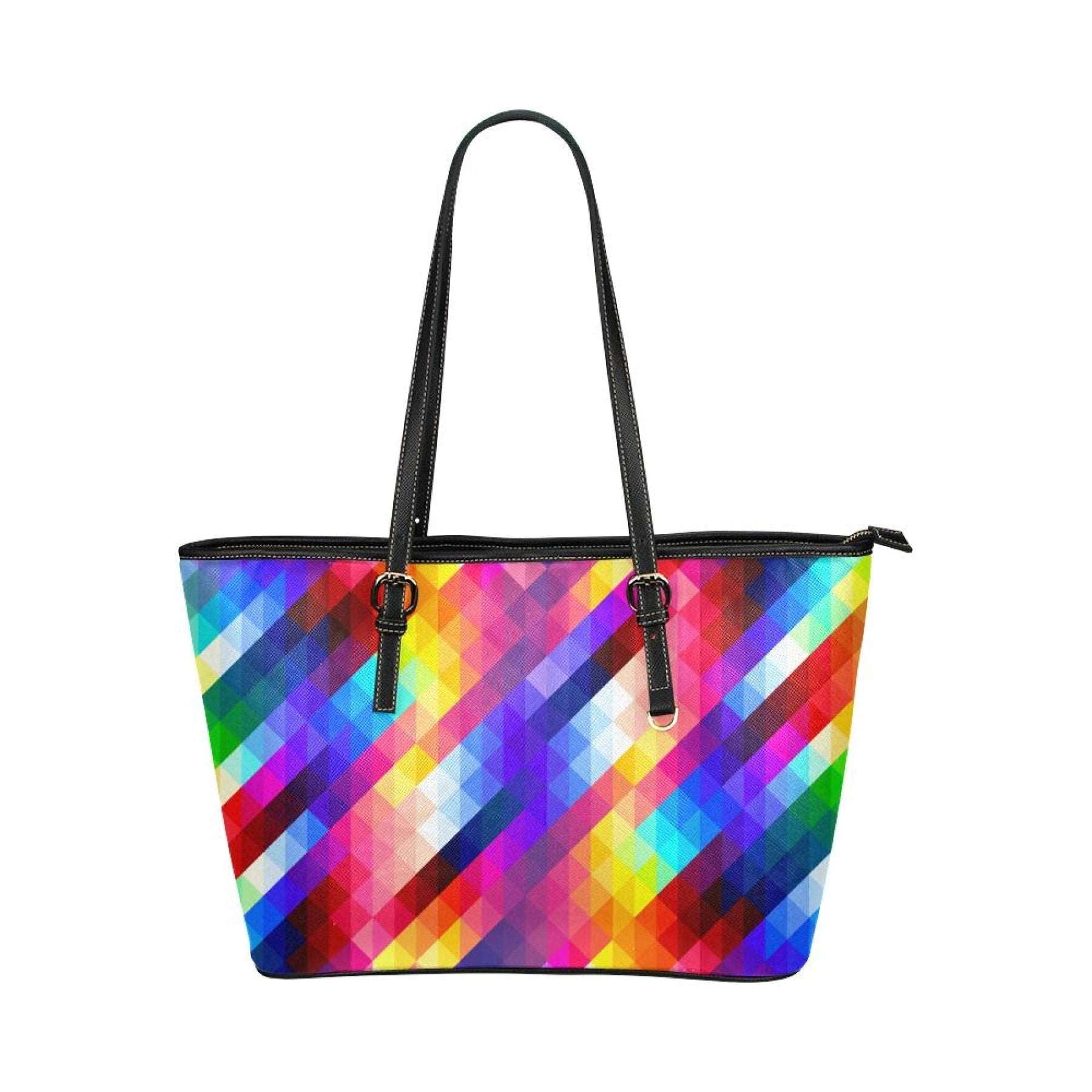 Women's Leather Tote Bag, Multicolor Grid Double Handle Handbag Grey Coco