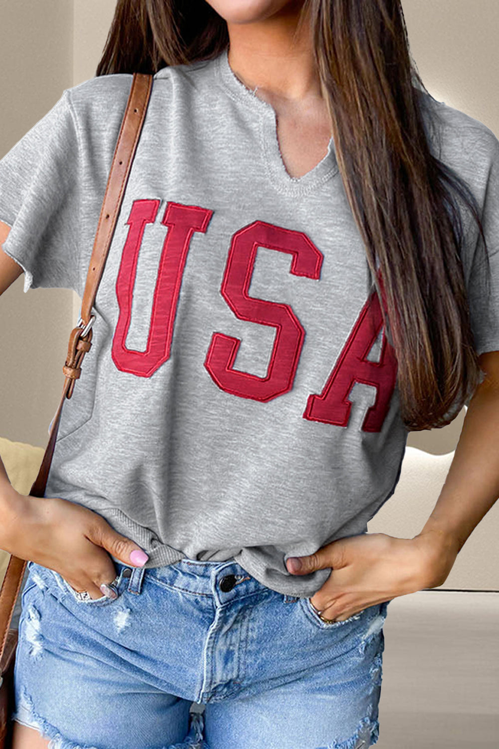 USA Notched Short Sleeve T-Shirt Trendsi