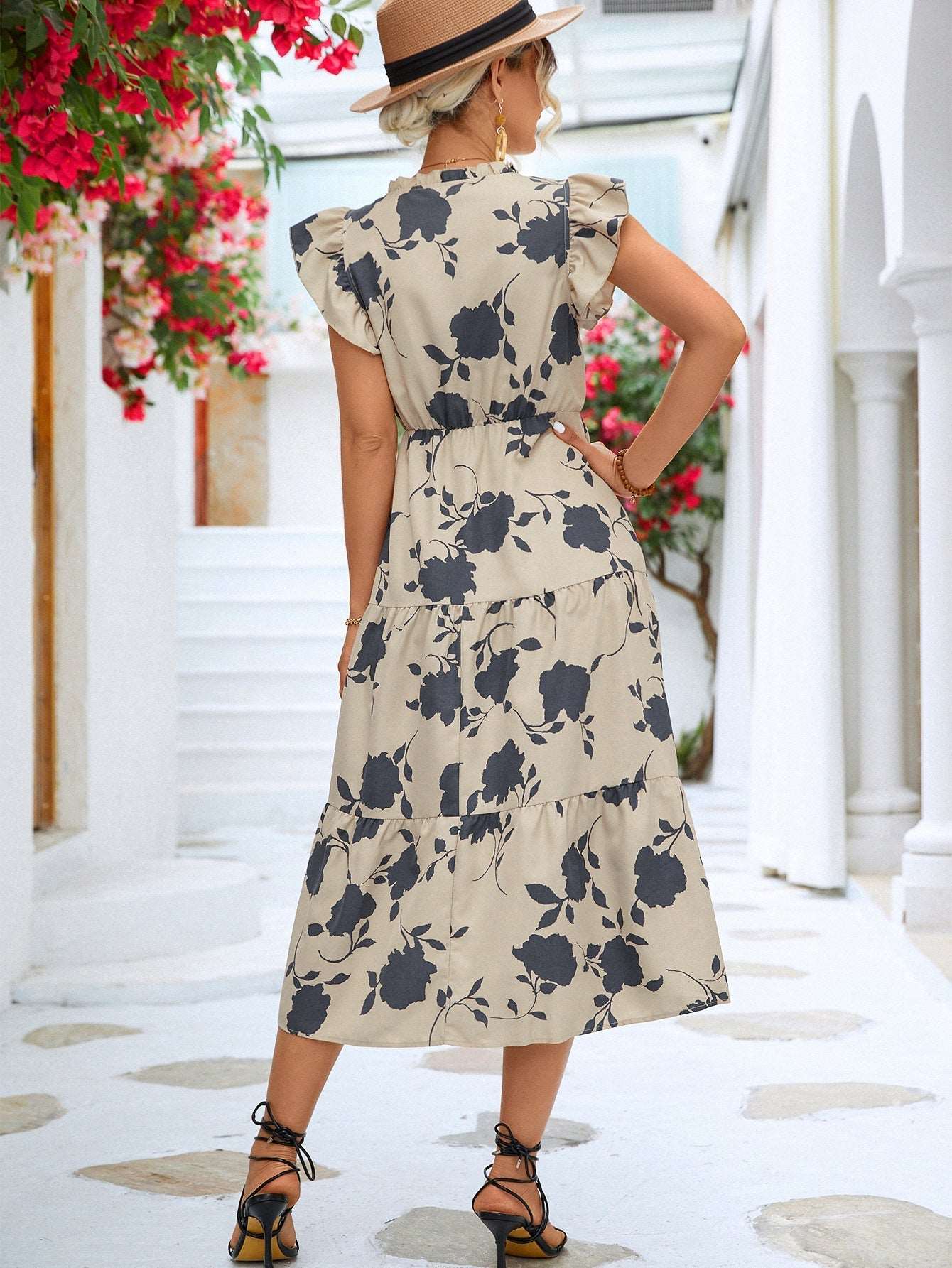 Floral Print Flounce Sleeve Dress - Ecombran Limited