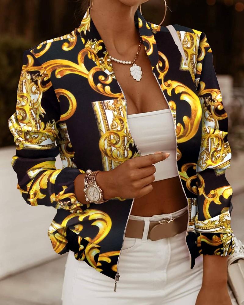 Women's Stand Collar Zip Up Floral Prints Bomber Jacket Datolite