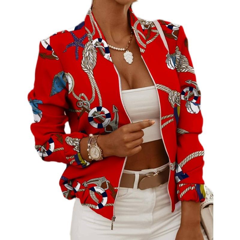 Women's Stand Collar Zip Up Floral Prints Bomber Jacket Datolite