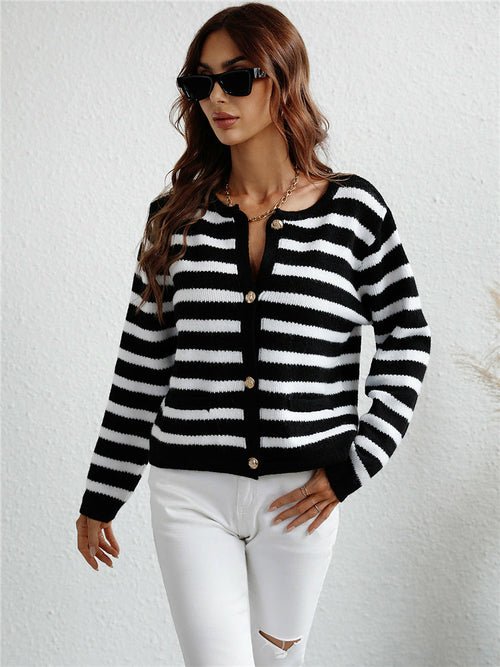 Black-White Striped Knit Cardigan Basic Knitwear Silver Sam
