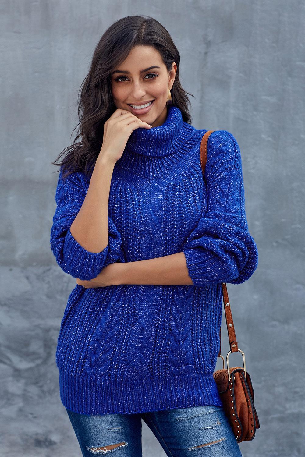 Blue Chunky Turtleneck Knitted Sweater Teal Demeter