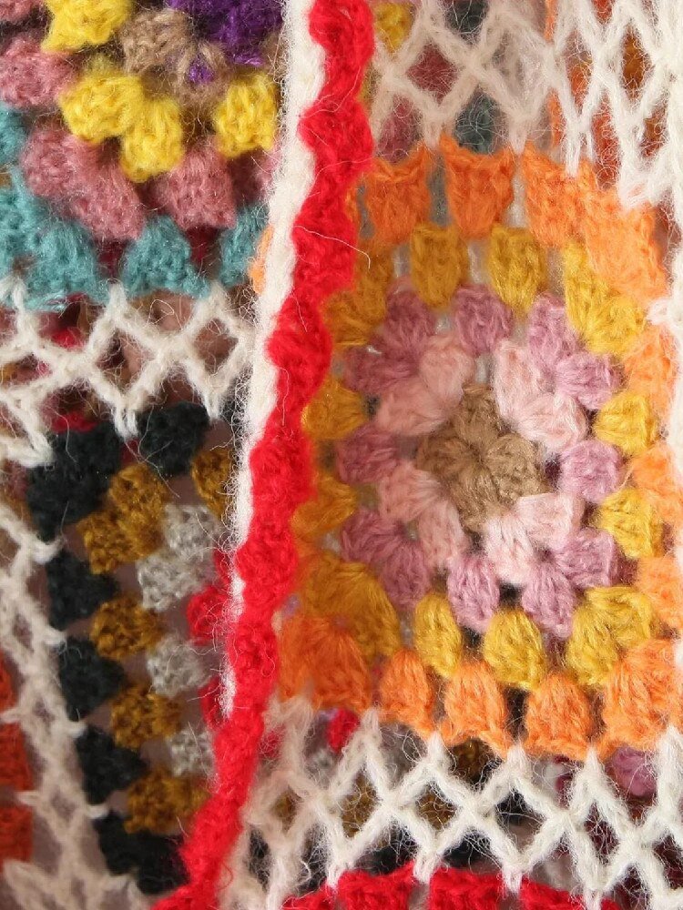 BOHO Colored Plaid Flower Hand Crochet Hooded Cardigan Silver Sam