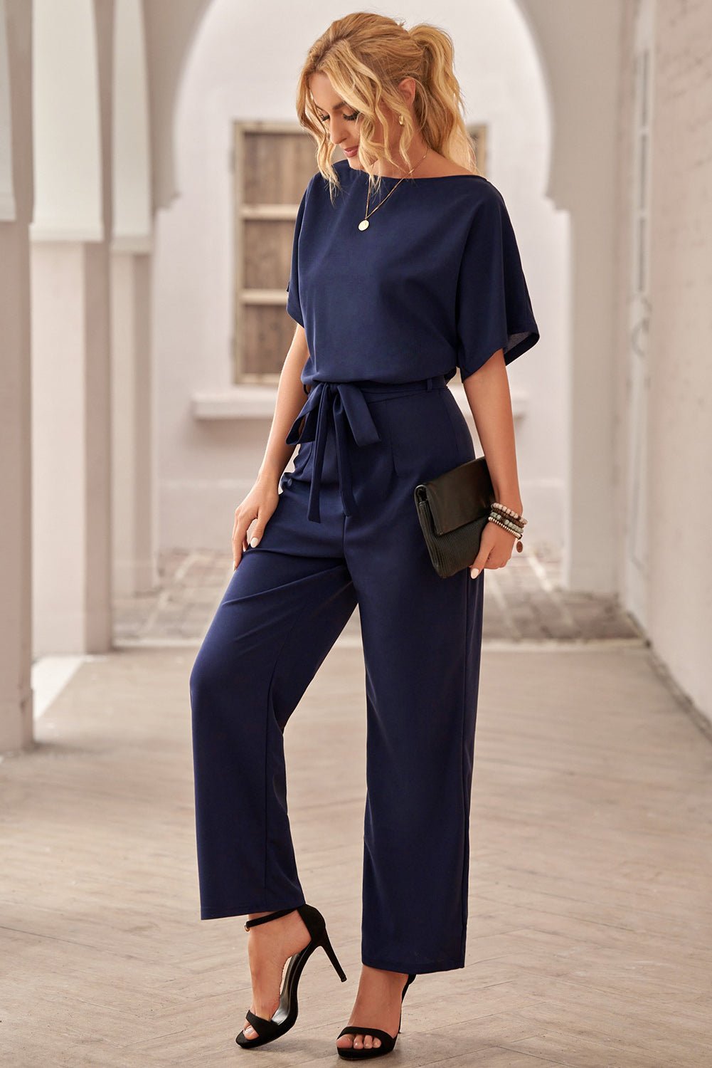 Chic Blue Oh So Glam Belted Wide Leg Jumpsuit Teal Demeter