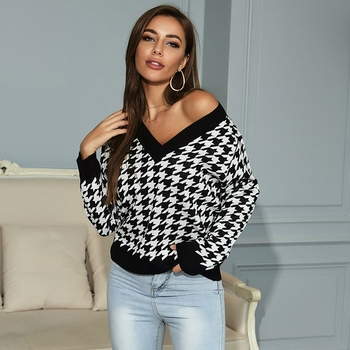 Womens Long Sleeve Deep V Neck  Sweater Tops Loose Pullover Sweaters Datolite