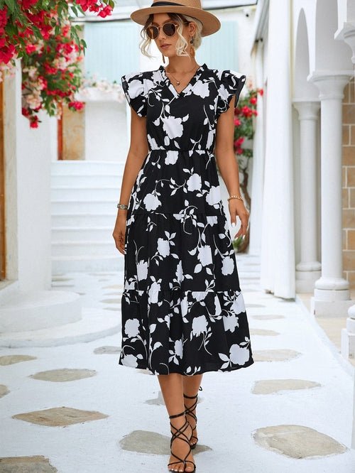 Floral Print Flounce Sleeve Dress - Ecombran Limited